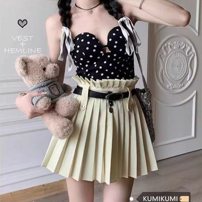 High Rise Plain Belted Pleated Mini A-Line Skirt