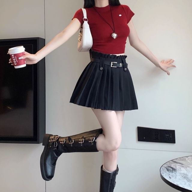 High Rise Plain Belted Pleated Mini A-Line Skirt