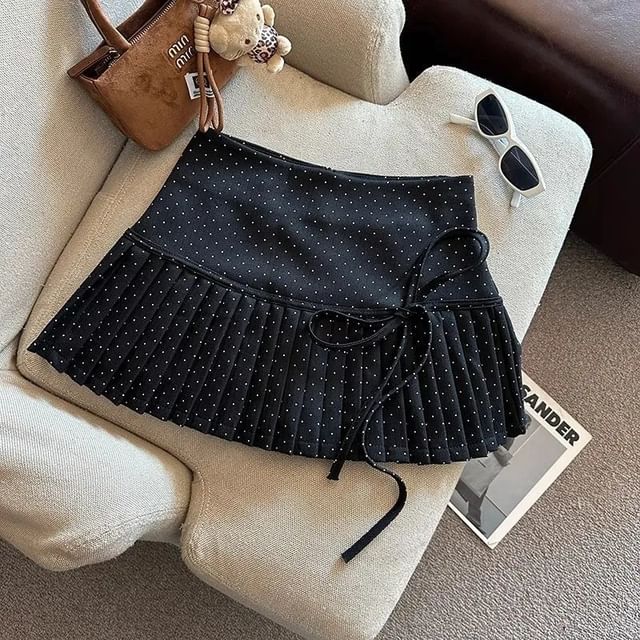 High Rise Dotted Mini Pleated A-Line Skirt