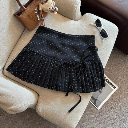 High Rise Dotted Mini Pleated A-Line Skirt