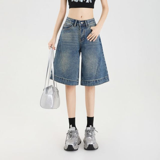 Mid Rise Washed Wide Leg Jorts