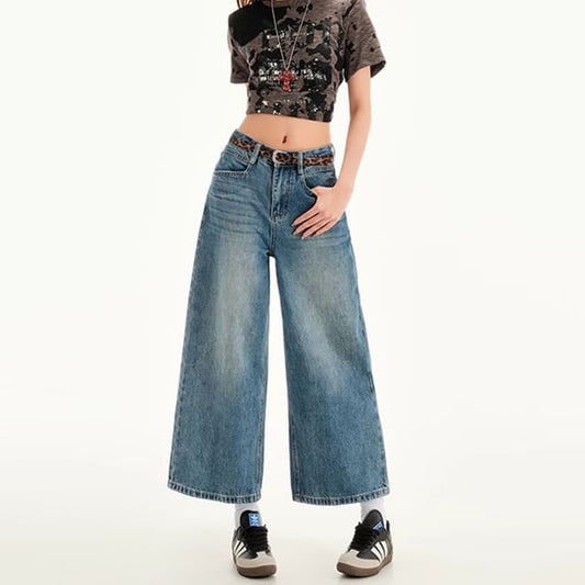 Mid Rise Washed Cropped Wide Leg Jeans