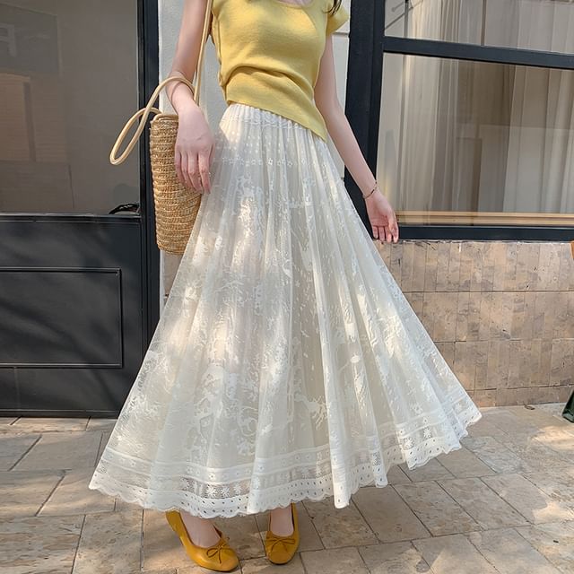 High Waist Lace Midi A-Line Skirt