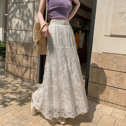 High Waist Lace Maxi A-Line Skirt