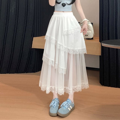High Waist Asymmetrical Mesh Panel Lace Trim Midi A-Line Skirt