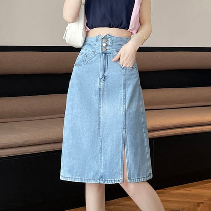 High Rise Washed Slit Denim A-Line Skirt