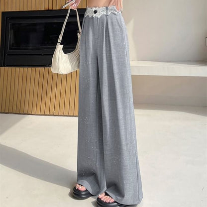 High Rise Glitter Lace Panel Wide Leg Slacks (Various Designs)