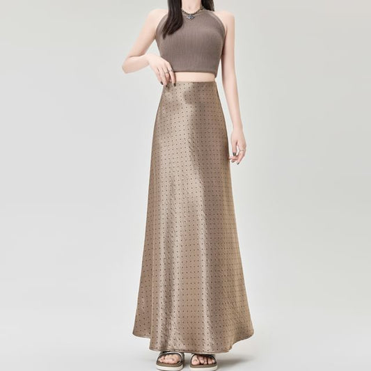 High Waist Dotted Satin Maxi A-Line Skirt