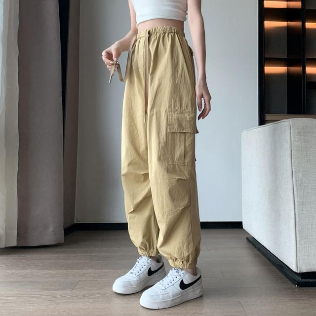 Drawstring Waist Plain Cropped Harem Cargo Pants