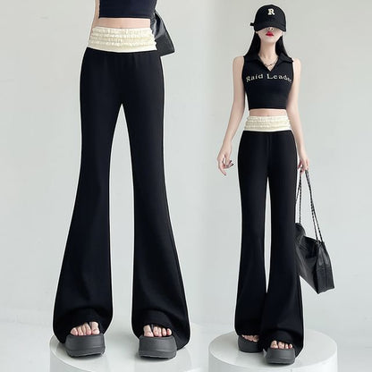 High Rise Two Tone Frill Trim Flared Pants (Various Designs)
