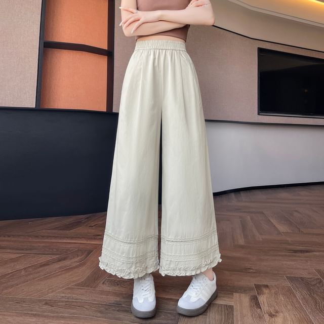 High Rise Plain Lace Panel Frill Trim Cropped Wide Leg Pants