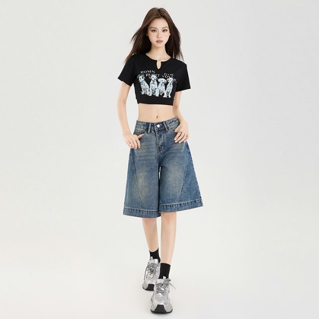 Mid Rise Washed Wide Leg Jorts