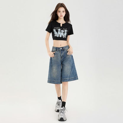 Mid Rise Washed Wide Leg Jorts
