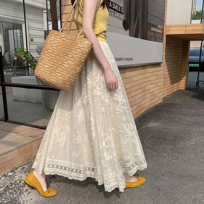 High Waist Lace Midi A-Line Skirt