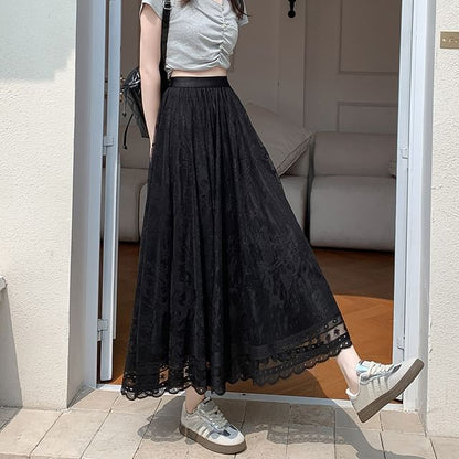 High Waist Lace Midi A-Line Skirt