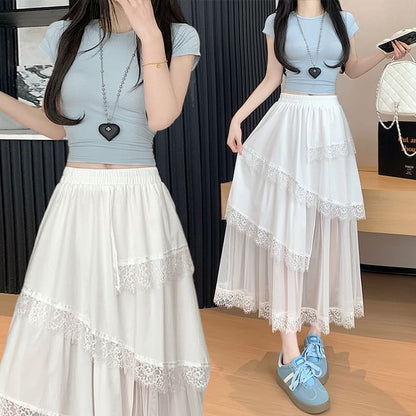 High Waist Asymmetrical Mesh Panel Lace Trim Midi A-Line Skirt