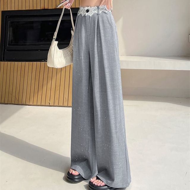 High Rise Glitter Lace Panel Wide Leg Slacks (Various Designs)