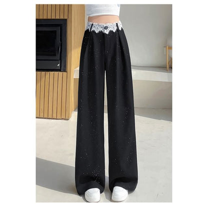 High Rise Glitter Lace Panel Wide Leg Slacks (Various Designs)