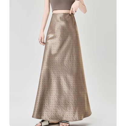 High Waist Dotted Satin Maxi A-Line Skirt