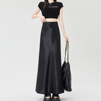 High Waist Dotted Satin Maxi A-Line Skirt