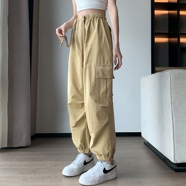 Drawstring Waist Plain Cropped Harem Cargo Pants