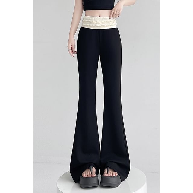 High Rise Two Tone Frill Trim Flared Pants (Various Designs)