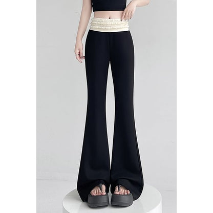 High Rise Two Tone Frill Trim Flared Pants (Various Designs)