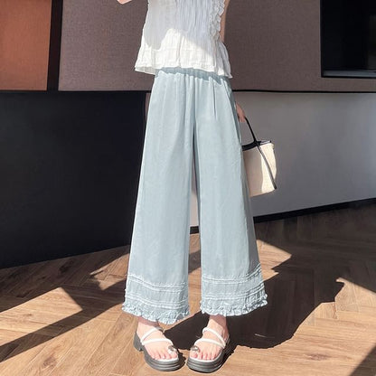 High Rise Plain Lace Panel Frill Trim Cropped Wide Leg Pants