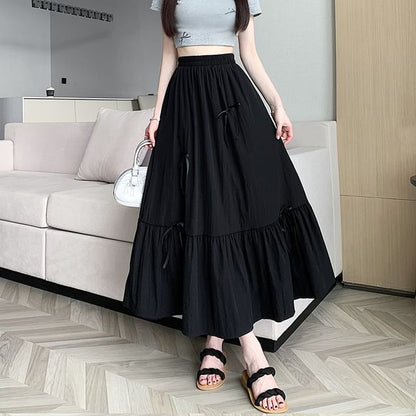 High Rise Plain Bow Accent Midi A-Line Skirt