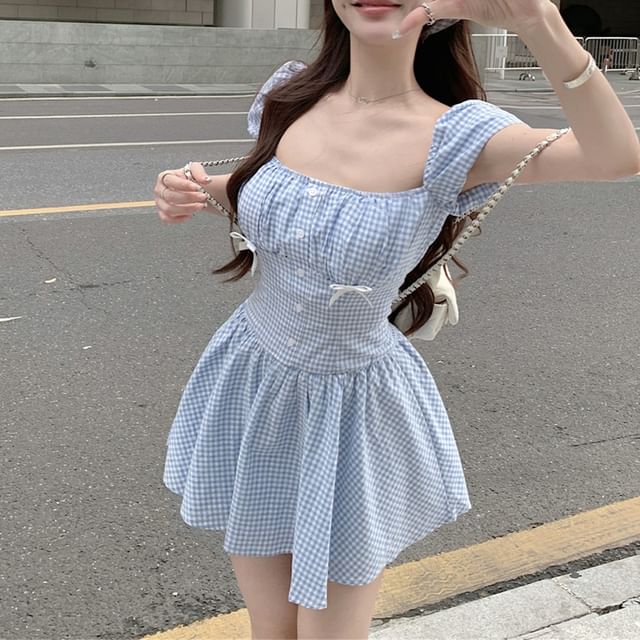 Puff-Sleeve Gingham Bow Mini A-Line Dress / Kerchief