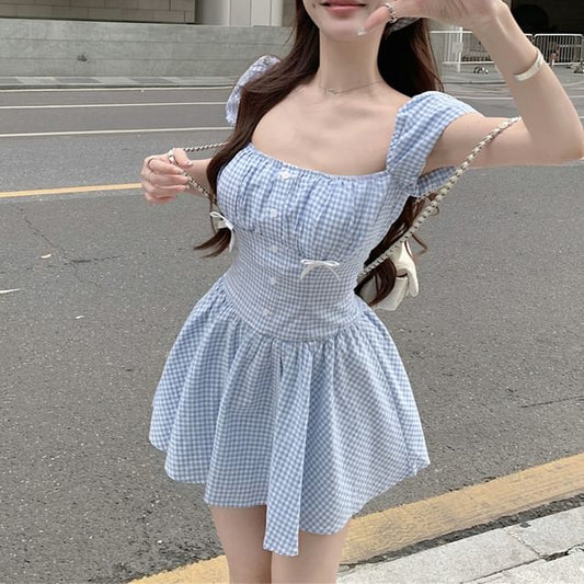 Puff-Sleeve Gingham Bow Mini A-Line Dress / Kerchief