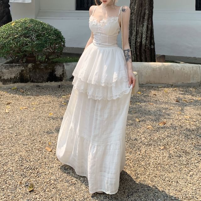 Peplum High Waist Maxi Camisole Plain / Trim A-Line Top Skirt Lace