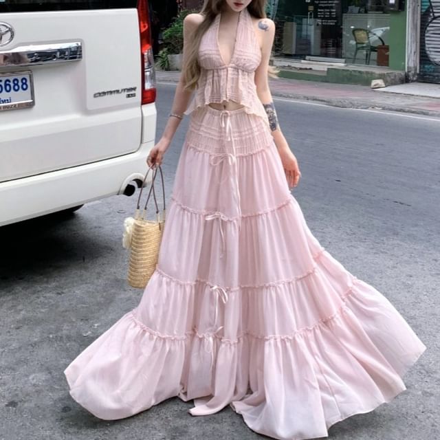 Set: V-Neck Plain Asymmetrical Cropped Halter Top + Low Rise Maxi A-Line Skirt