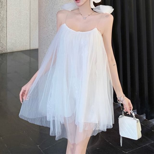 Flower Sundress Strap Detail Plain Spaghetti Mesh Mini