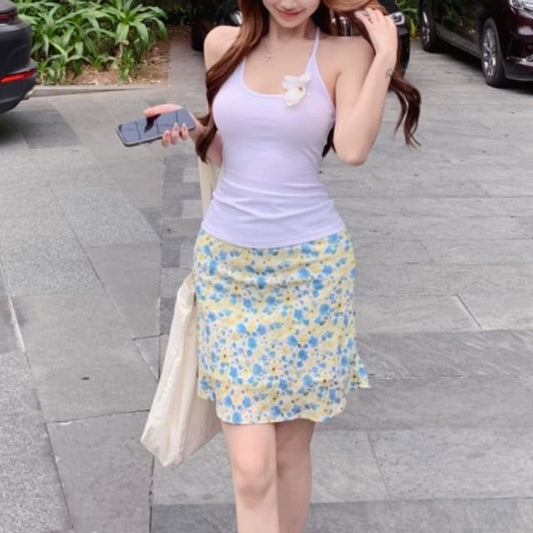 Flower Skirt / Mini High Plain Pencil Top Neck Halter Detail Rise Scoop Floral