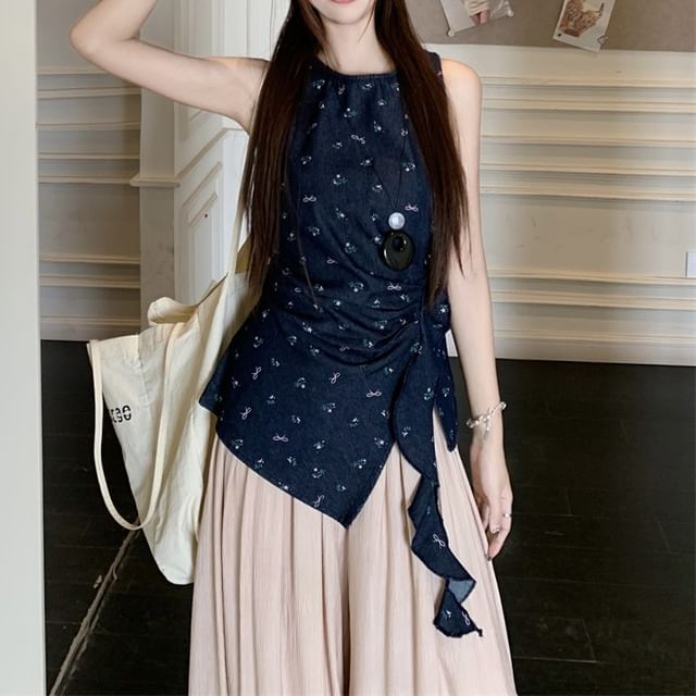 Floral Asymmetrical Tank Top / High Rise Plain Wide Leg Pants