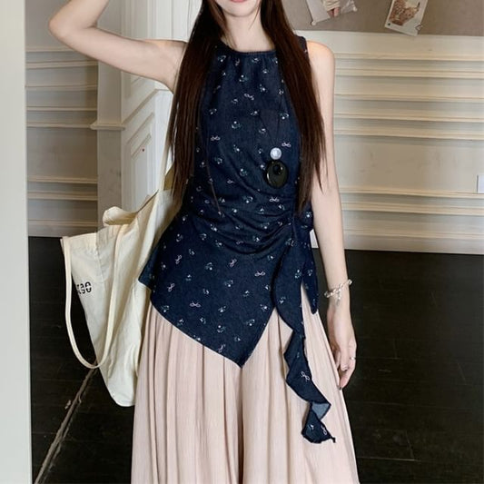 Floral Asymmetrical Tank Top / High Rise Plain Wide Leg Pants