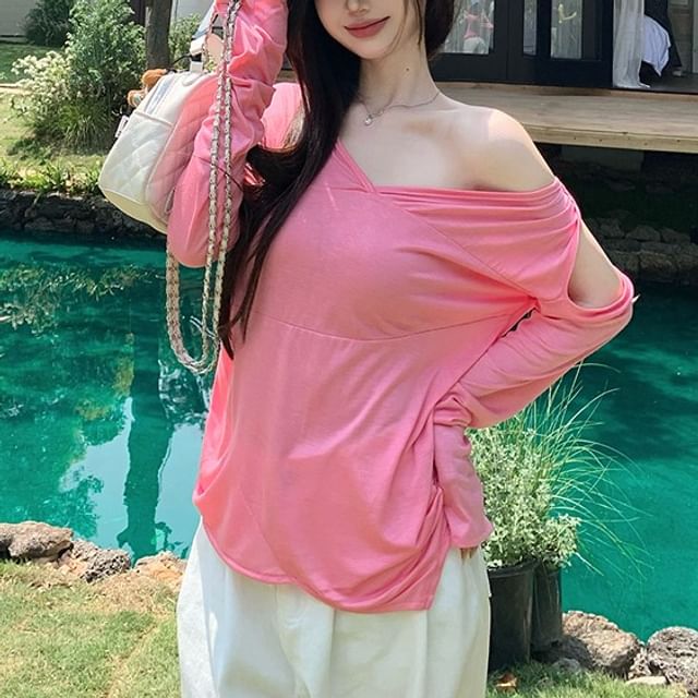 Long-Sleeve One-Shoulder Plain Asymmetrical T-Shirt