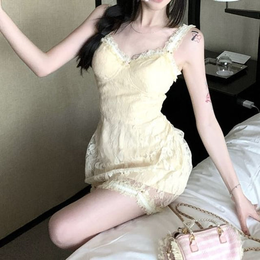 Spaghetti Strap Floral Lace Mini Bodycon Dress