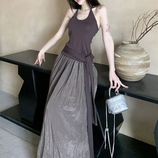 Scoop Neck Plain Tie Waist Halter Top / High Waist Maxi A-Line Skirt