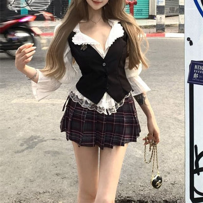 Puff-Sleeve Striped Lace Trim Blouse / Plain Button-Up Cami Top / High Waist Plaid Pleated Mini A-Line Skirt