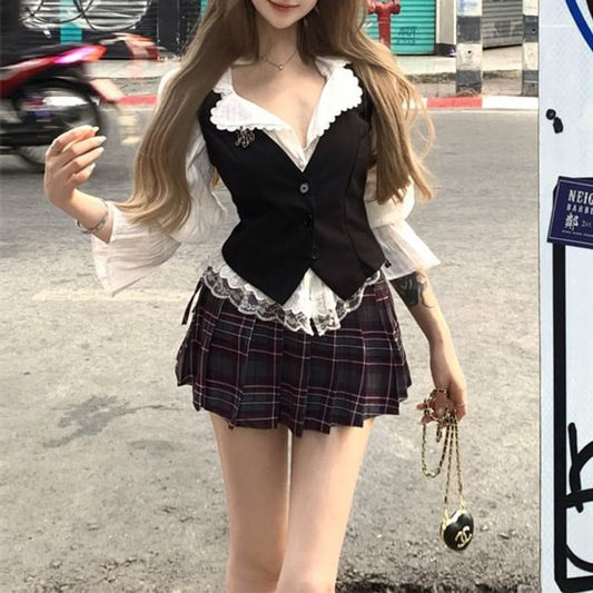 Puff-Sleeve Striped Lace Trim Blouse / Plain Button-Up Cami Top / High Waist Plaid Pleated Mini A-Line Skirt