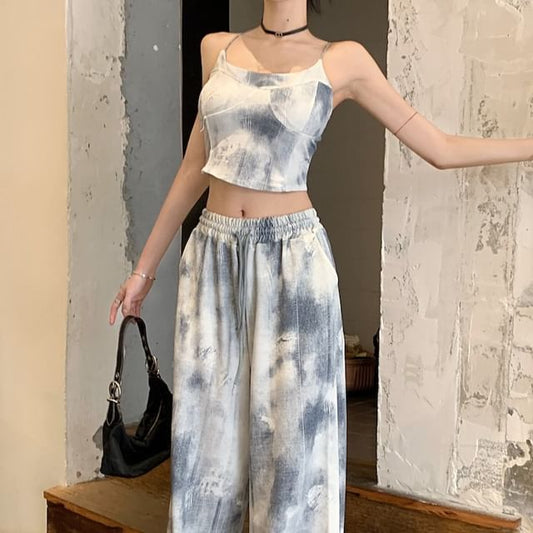 Scoop Neck Tie Dye Cropped Camisole Top / Drawstring Waist Wide Leg Pants