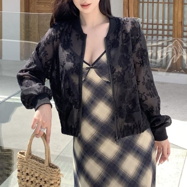 Sheer Embroidered Jacket Flower Zip