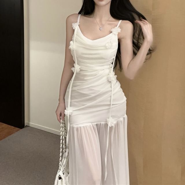 Spaghetti Strap Plain Flower Detail Ruched Side-Slit Maxi Mermaid Dress