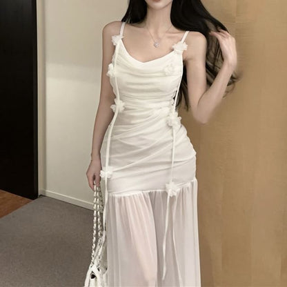 Spaghetti Strap Plain Flower Detail Ruched Side-Slit Maxi Mermaid Dress