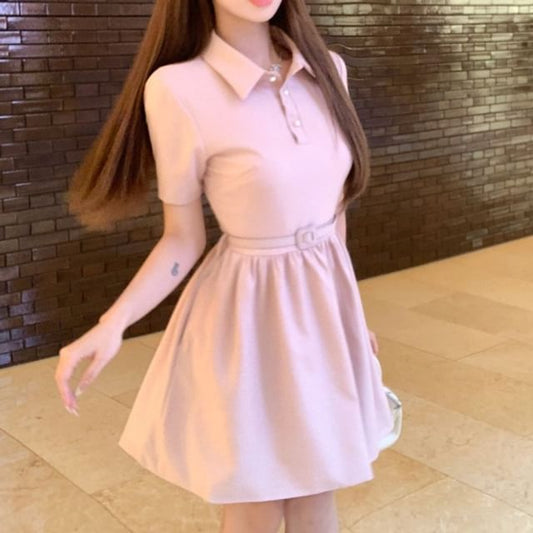 Short-Sleeve Collar Plain Mini A-Line Dress