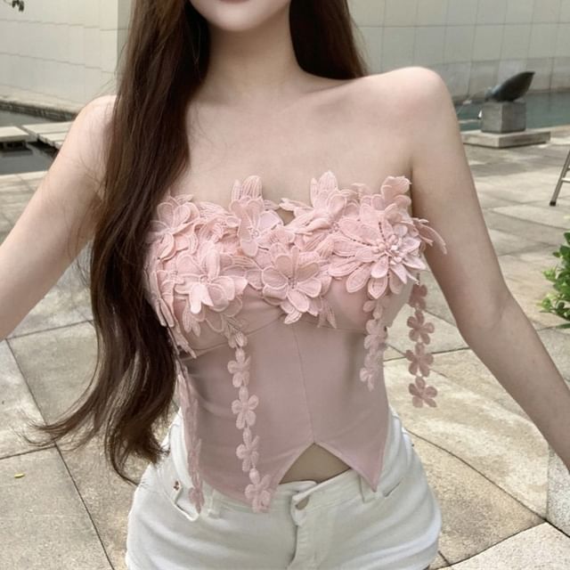 Plain Flower Detail Front-Slit Tube Top