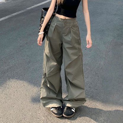 Mid Waist Plain Ruched Wide Leg Pants