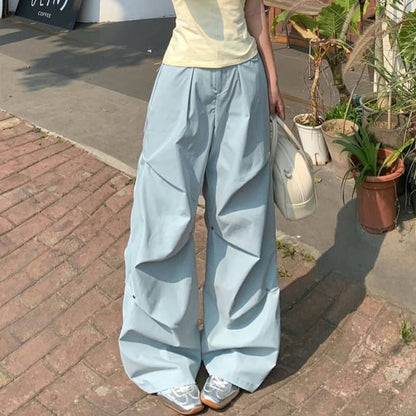 Mid Waist Plain Ruched Wide Leg Pants